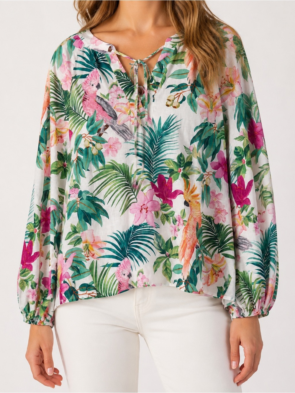 Tommy Bahama Tropical Cockatoo Peasant Top | Cotton Silk Blend | Size M | NWT